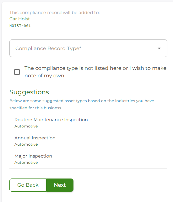 Select a compliance record type Select a compliance record type